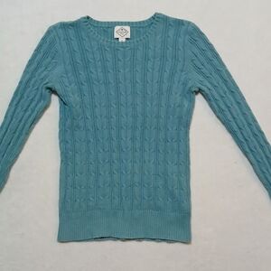 Women's Small Teal Cable- Knit Crew Neck Sweater Classic Preppy Textured